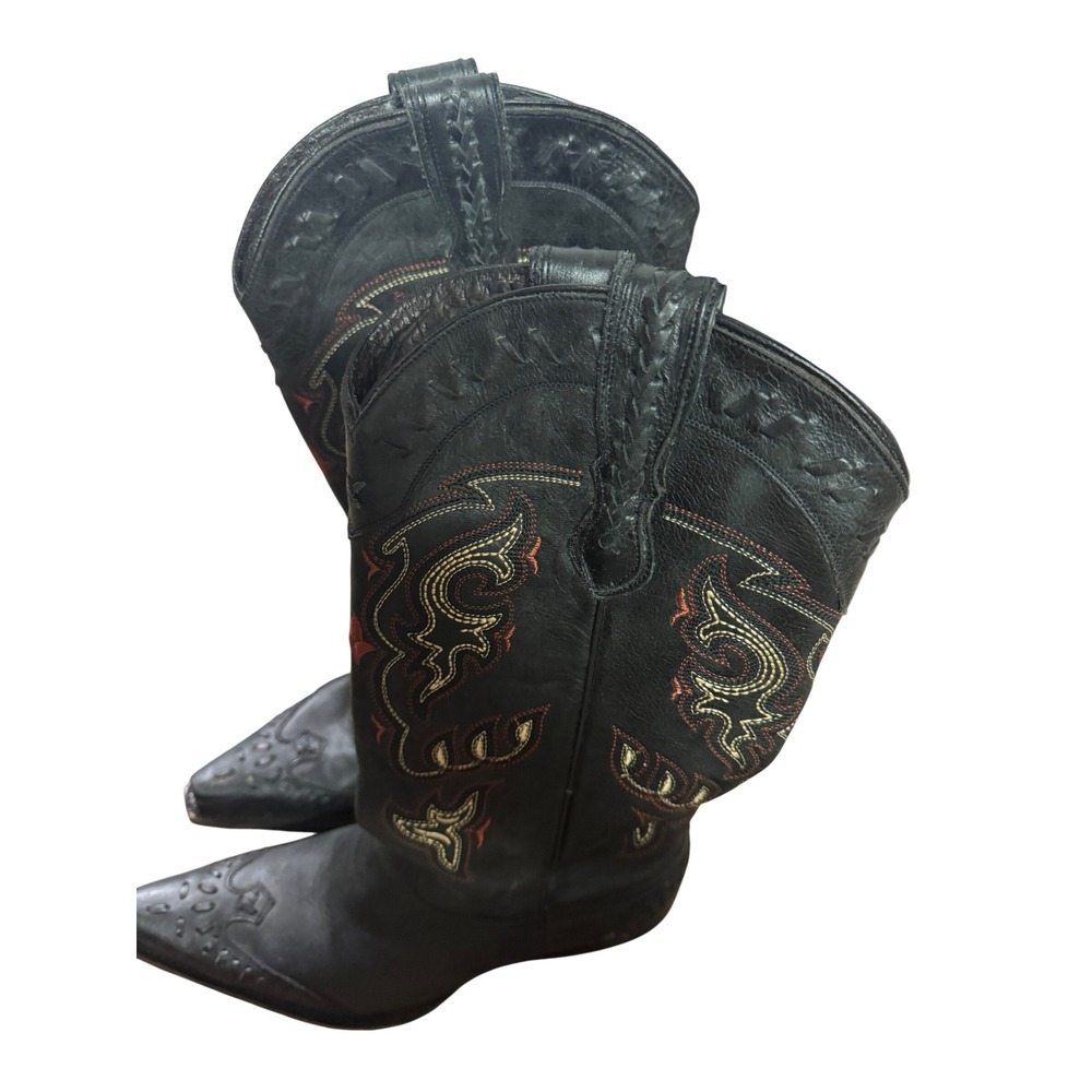 Lucchese Womens Black Leather Embroidered Western Cowboy Boots Pointed Toe S8.5 - Picture 2 of 10